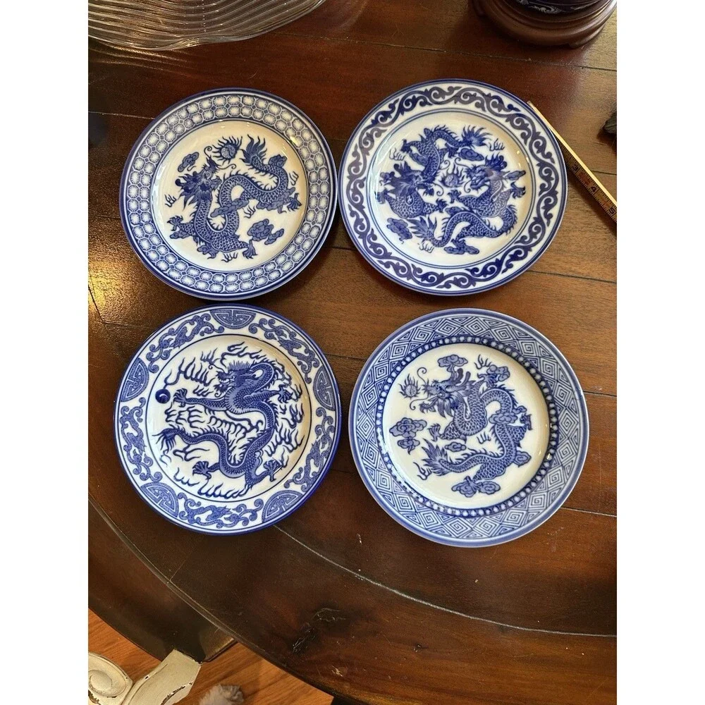 Blue & White China Dragon Motif Plates Bombay Asian Garden Pattern Set Of 4